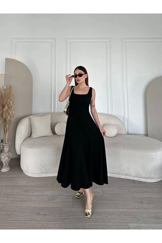 Sırt Dekolteli Kolsuz Uzun Elbise - Siyah