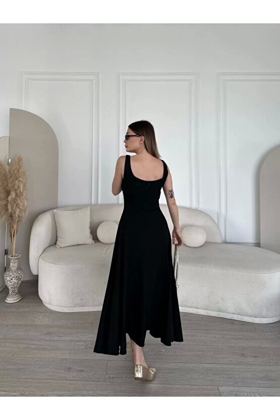 Sırt Dekolteli Kolsuz Uzun Elbise - Siyah