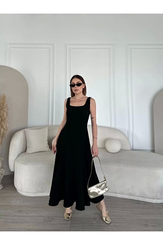 Sırt Dekolteli Kolsuz Uzun Elbise - Siyah