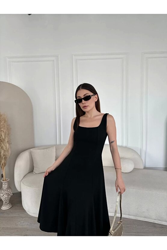 Sırt Dekolteli Kolsuz Uzun Elbise - Siyah