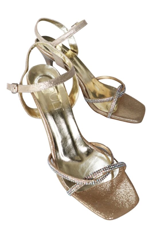 Kadın Altın Sedef Ince Topuklu Yazlık Taş Işlemeli Topuklu Ayakkabı