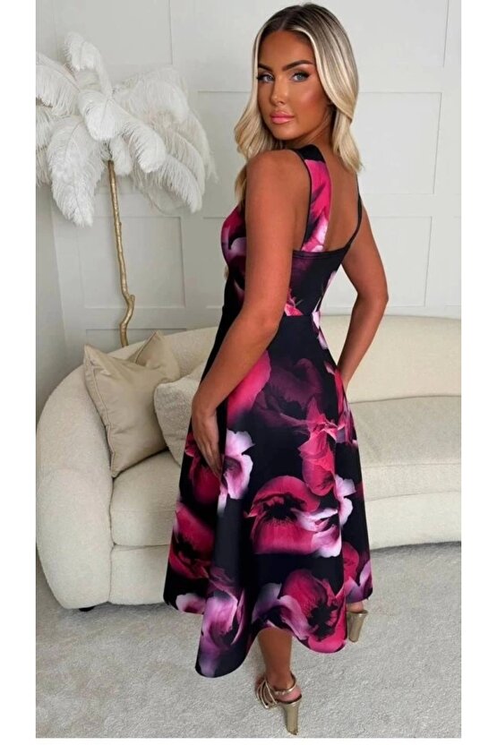 Kadın Halter Yaka Detay Ciçek Baskılı Midi Boy Elbise