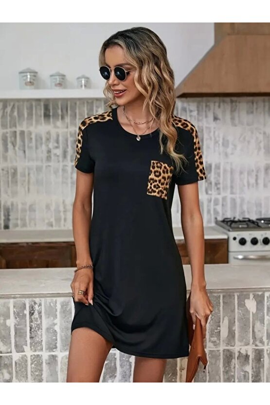 Myterrax Kadın Kısa Kollu Yuvarlak Yaka Cepli Leopar Desen Detaylı Viskon Elbise