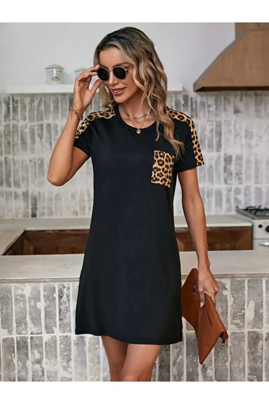 Myterrax Kadın Kısa Kollu Yuvarlak Yaka Cepli Leopar Desen Detaylı Viskon Elbise