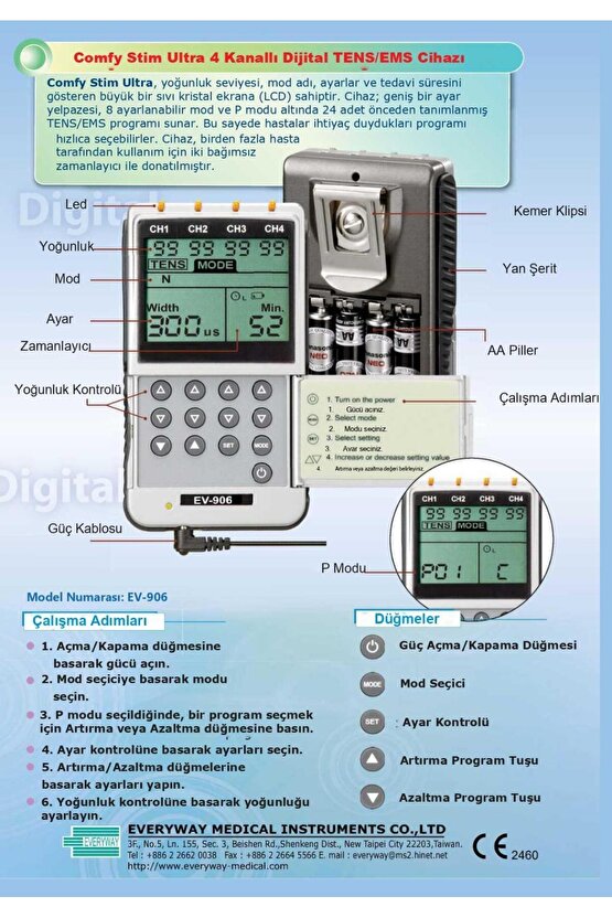 Everyway Ev-906 Portatif Digital 4 Kanallı MasajTensEms Cihazı Aleti Çantalı Adaptörlü