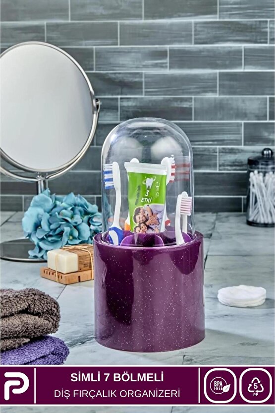 7 Bölmeli Fanuslu Simli Tasarımlı Diş Fırçalık Organizeri