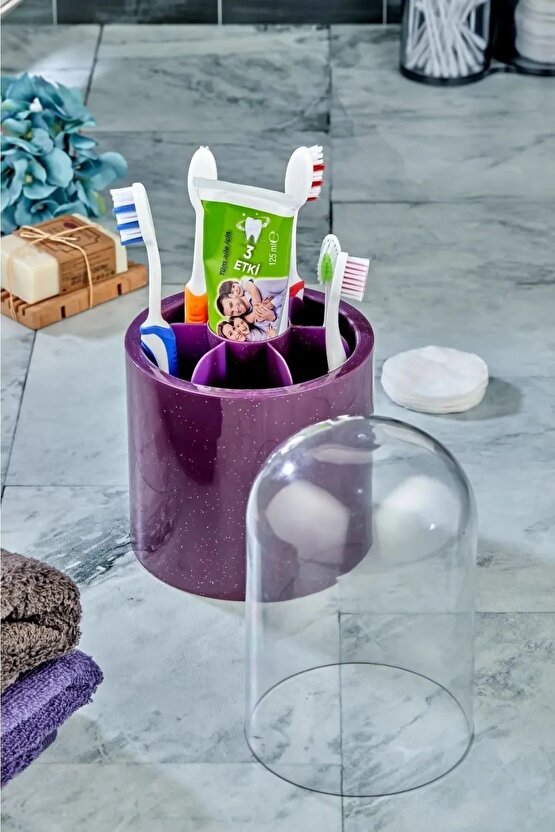 7 Bölmeli Fanuslu Simli Tasarımlı Diş Fırçalık Organizeri