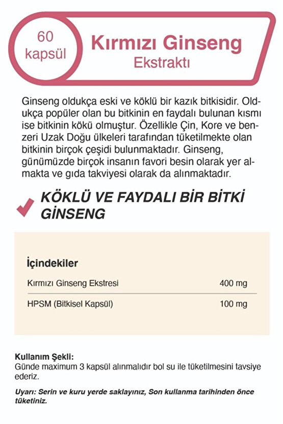 Kırmızı Ginseng Ekstraktı 60 Kapsül Panax Ginseng Red Ginseng