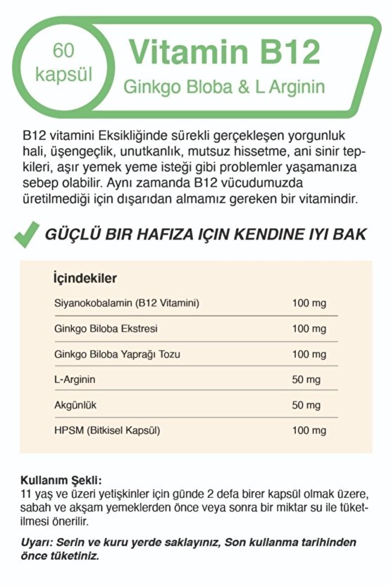 B12 Ginkgo Biloba Extract & L-arginine 500 Mg X 60 Kapsül