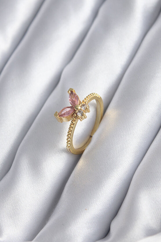 Gold Renk Pembe Zirkon Taşlı Kelebek Model Kadın Yüzük - Lisinya