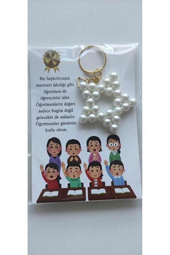 Öğretmenler Günü Hediyelik Kart Tasarımlı Yıldız Incili Anahtarlık 4 Adet