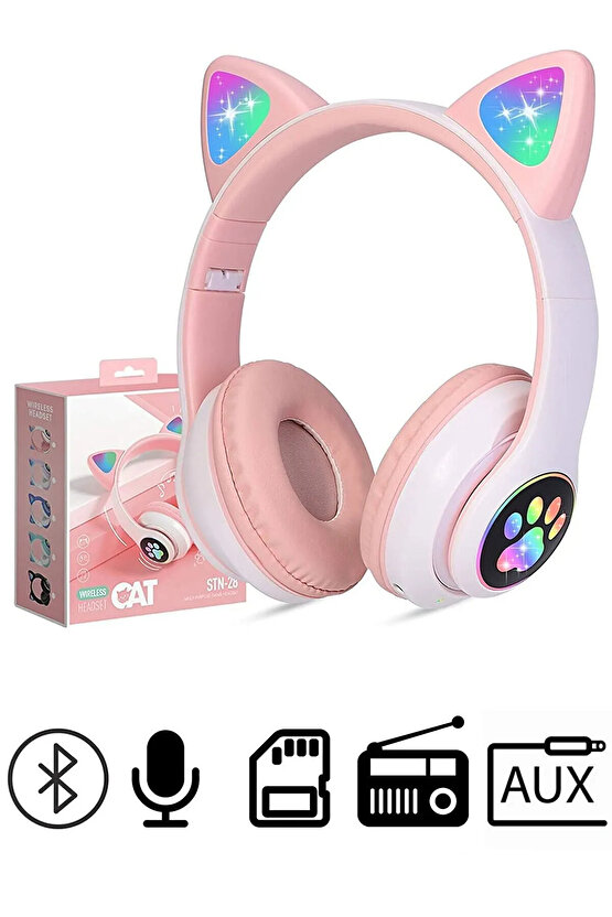 Pembe Stn28 Renk Kablosuz Bluetooth 5.0 Led Işıklı Kedili Şık Kulaklık Hediye Fm
