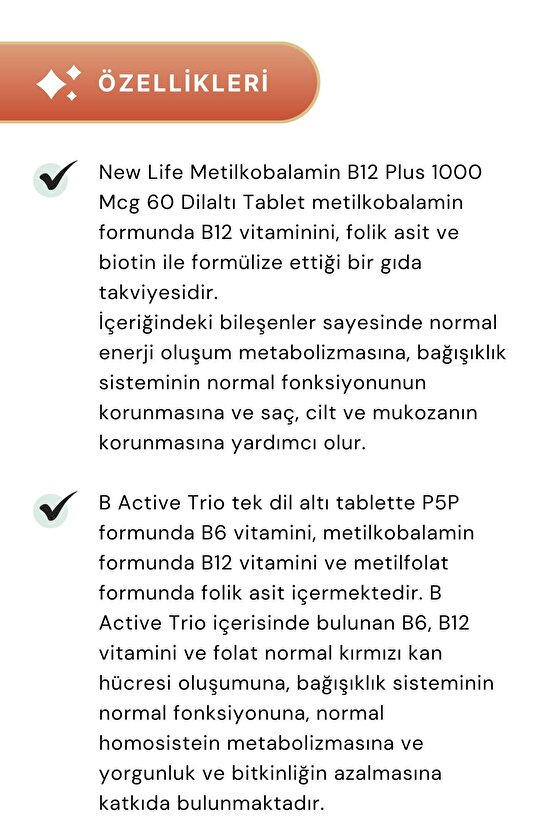 Metilkobalamin B12 Plus 1000 Mcg 60 Dilaltı Tablet & B Active Trio 30 Tablet