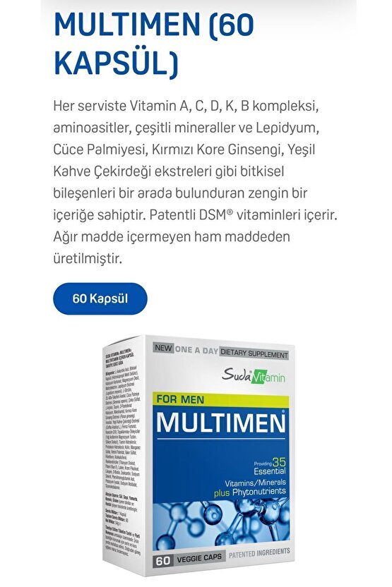 Multimen Erkek Multivitamin Enerji&Bağışıklık Kırmızı Kore Ginseng ve Maca İçeren 60 Bitkisel Kapsül