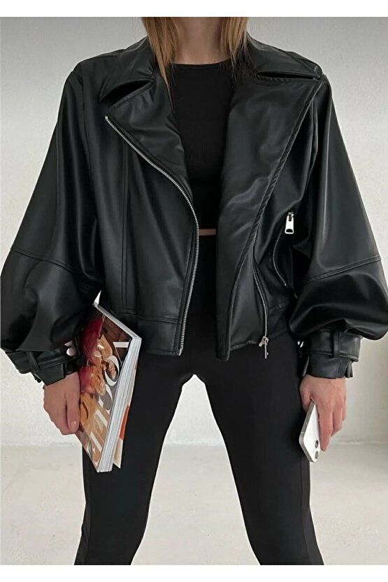 Balon Kol Siyah Deri Ceket