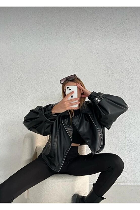 Balon Kol Siyah Deri Ceket