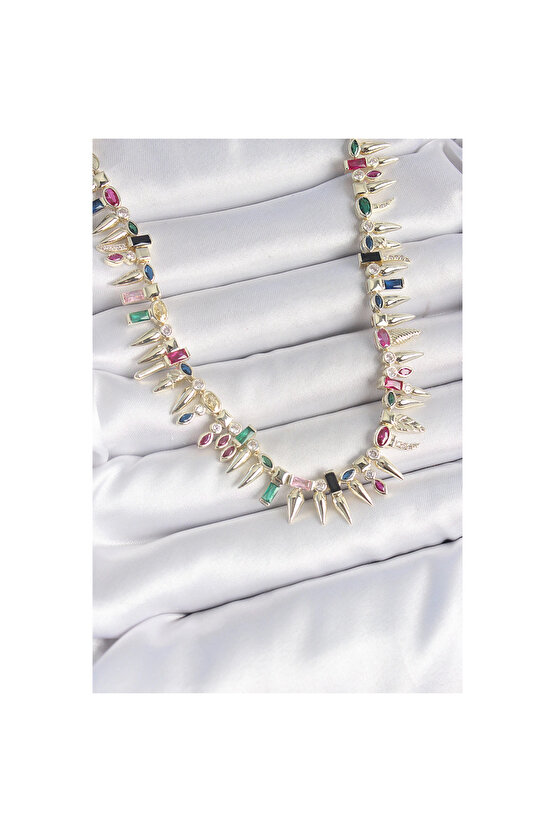 Pirinç Gold Renk Zirkon Taşlı Diken Model VIP Seri Kadın Kolye