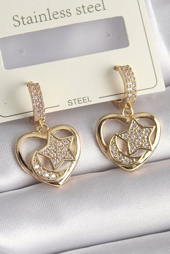Pirinç Gold Renk Zirkon Taşlı Kalp Model Ay Işleme Kadın Küpe
