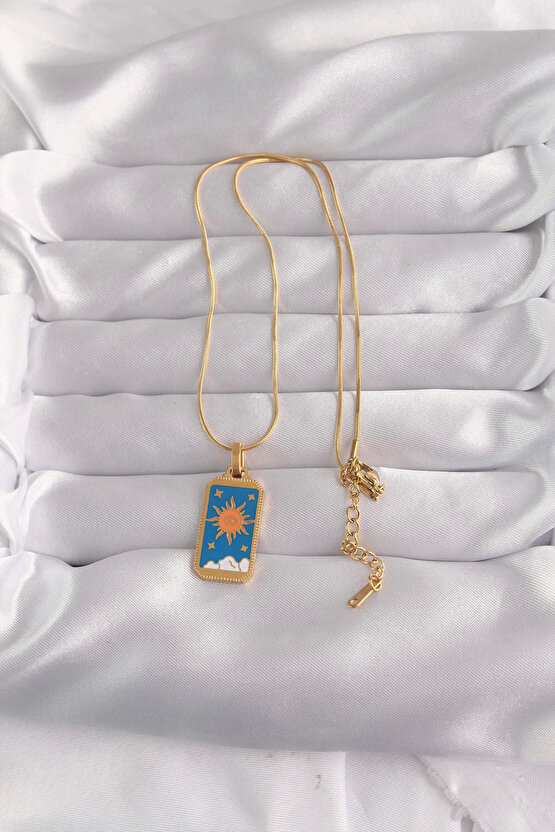 BFS 316L Çelik Gold Renk Mavi Mineli Güneş Model Tarot Kolye