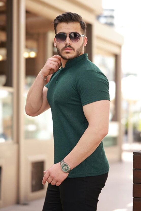 Myterrax Erkek Hakim Yaka Dokuma Pamuklu Kumaş Kısa Kollu T-shirt