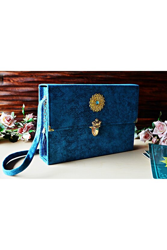 Hatim Cüzü Hatim Seti 30 Cüz Cami Boy 35x25 Mavi Nubuk Çantalı Kadife Kuranı Kerim Sesli Dinleme