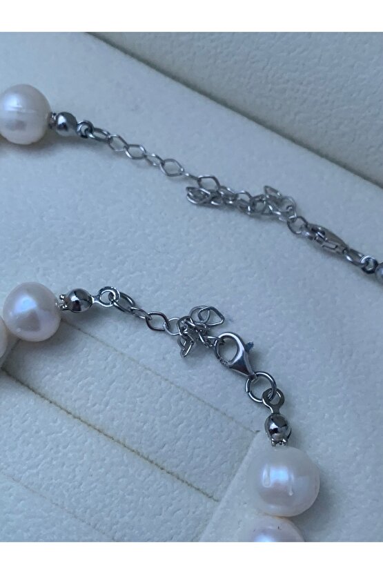 50cm - Sertifikalı 925 Ayar Gümüş Doğal 8mm İnci Kolye Bileklik Set