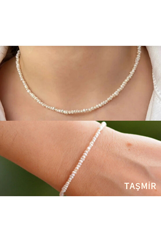 925 Ayar Gümüş Gerçek Kum İnci Kolye Bileklik Set