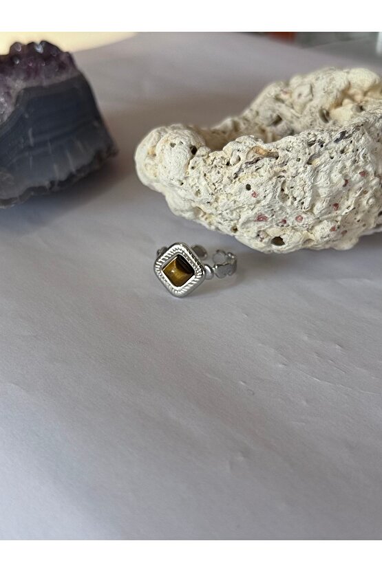 Kaplan Gözü Doğal Taş Ayarlamalı Yüzük ( Paslanmaz Çelik )