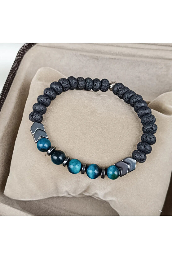 Doğal Taş Erkek Bileklik Mavi Kaplan Gözü& Lav &hematit Taşı