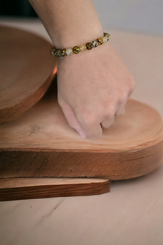 Sarı Benekli Akik Bileklik Bujiteri Bileklik Doğal Taş Erkek Kadın  Bileklik Doğal Taş Bileklik