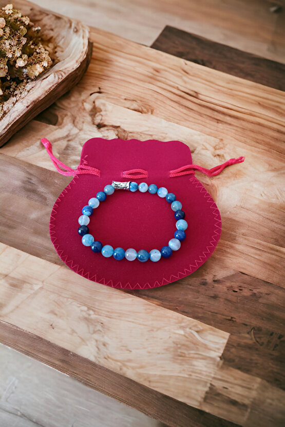 Mavi Akik Taşı Doğal Taş Bileklik Boğaz Çakrası Bileklik İletişim Beceri Bilekliği