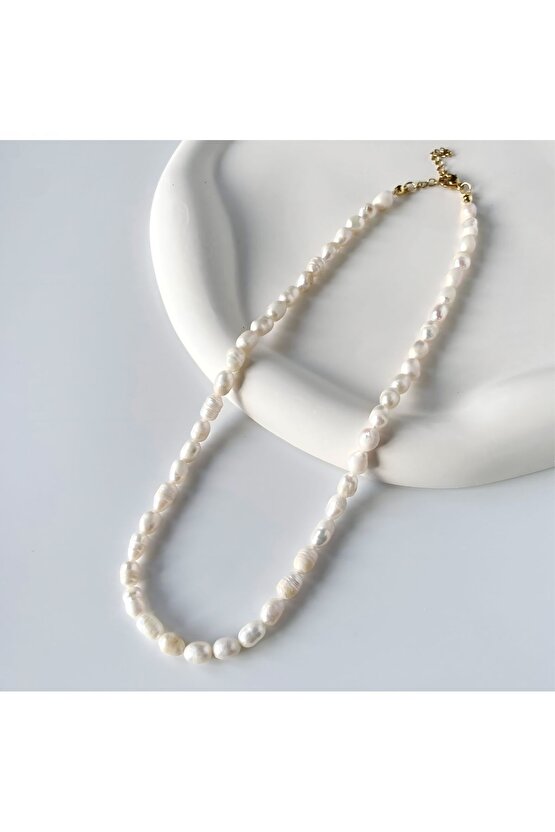 Doğal Tatlı Su Incisi Çelik Kolye, Amorf Gerçek Arpa Inci Kolye