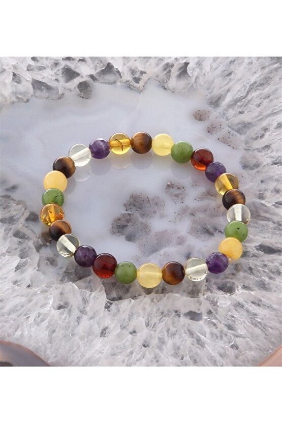 Kaplan Gözü, Kehribar, Yeşim, Ametist Doğal Taş 8mm Bileklik