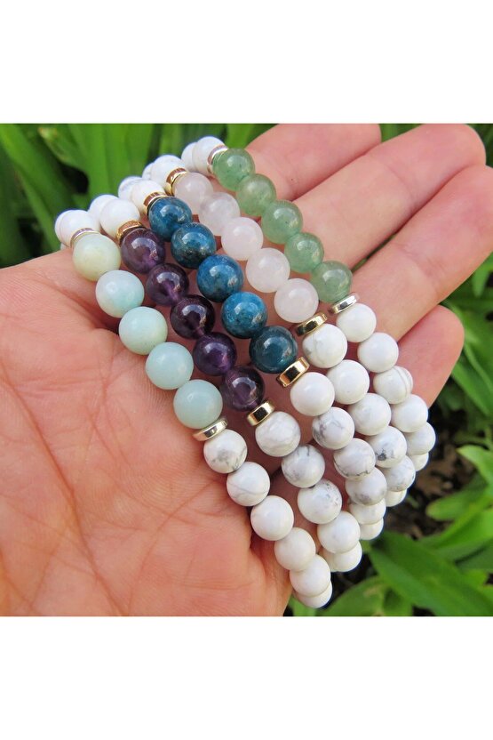 Havlit-Pembe Kuvars-Ametist-Aventurin-Apatit Doğal Taş Bileklik 8mm