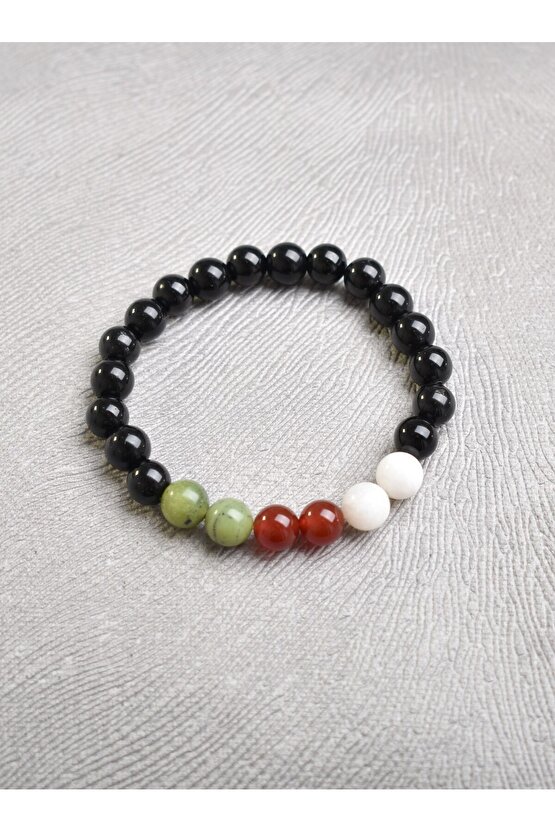 Filistin Temalı Doğal Taş 8 mm Bileklik ( Yeşim-Akik-Obsidyen-Ay Taşı)