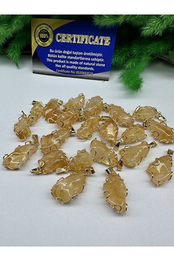 Sitrin Doğal Taş Kolye Ucu Altın Kaplama (sertifikalı)