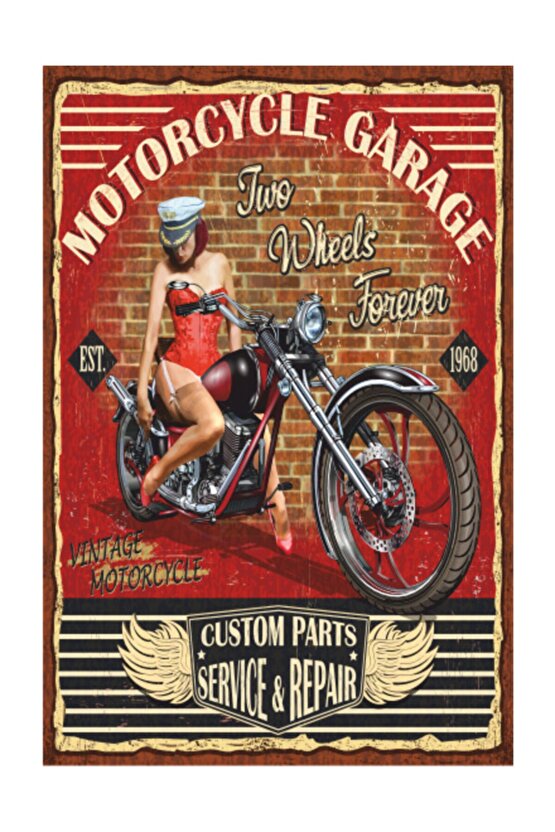 Klasik Motor Garajı Retro Vintage Ahşap Poster