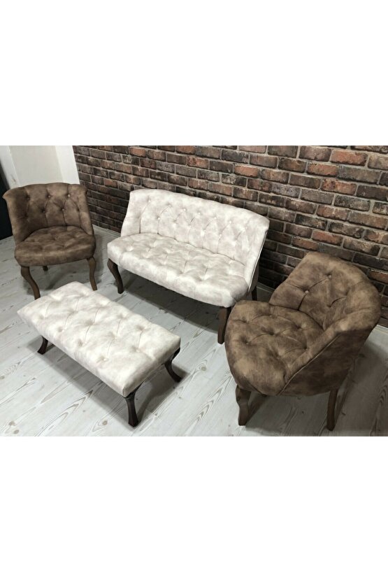 Kahverengi Ve Krem Çay Seti Berjer Koltuk Takımı 2+1+1 Koltuk Bench Bank