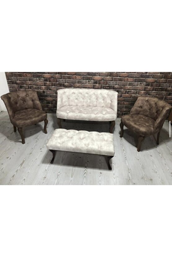 Elizzan Kahve Krem Çay Seti Koltuk Berjer 2+1