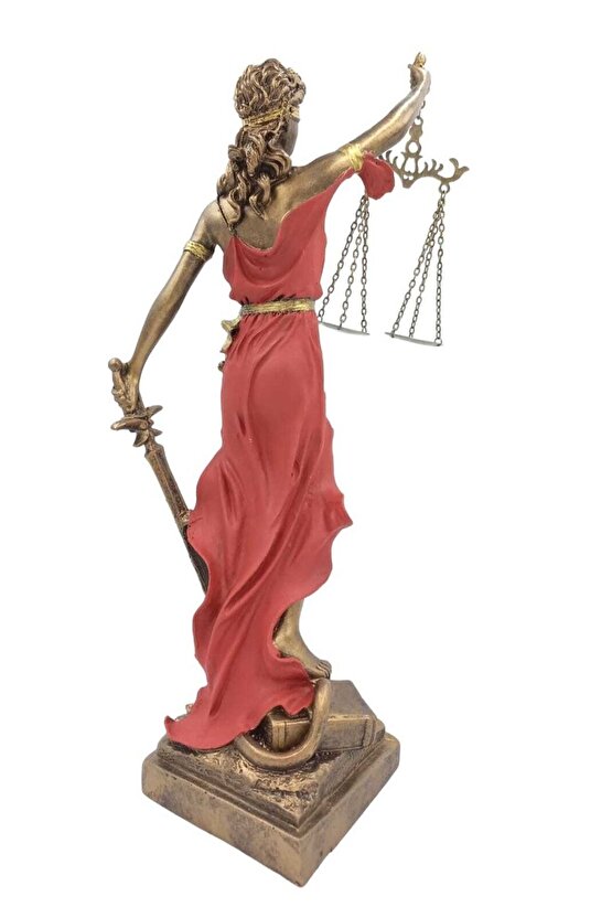 Adalet Tanrıçası Themis Heykeli 40 cm – Bronz ve Kırmızı Dekoratif Heykel – Hukuk Bürosu Hediyesi