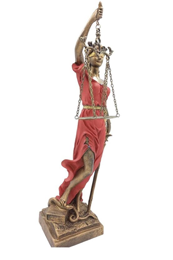 Adalet Tanrıçası Themis Heykeli 40 cm – Bronz ve Kırmızı Dekoratif Heykel – Hukuk Bürosu Hediyesi
