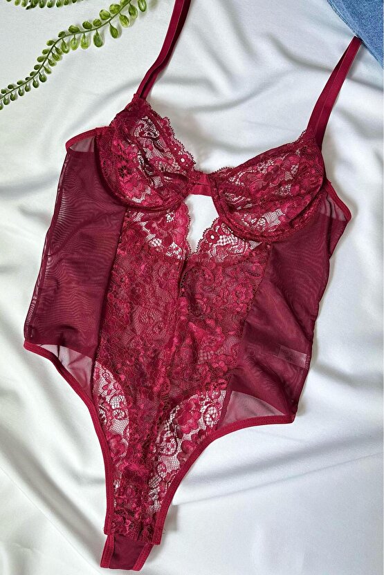 Bordo Dantelli Dekolteli Çıtçıtlı Transparan babydoll Bodysuit - Romantik & Şık Balenli