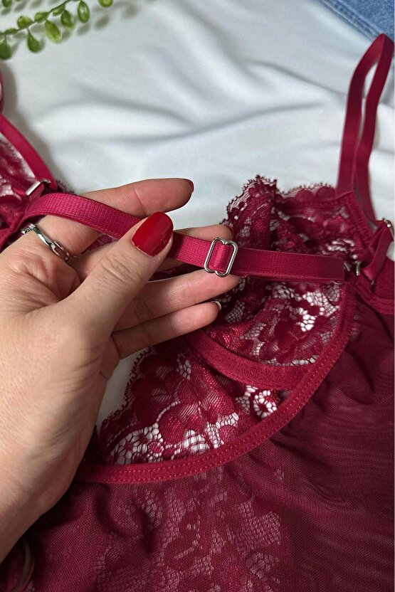 Bordo Dantelli Dekolteli Çıtçıtlı Transparan babydoll Bodysuit - Romantik & Şık Balenli