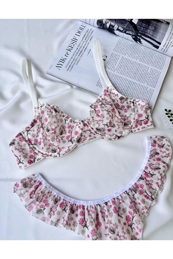 Ekru Romantik Tül Detaylı Kır Çiçeği Desenli Fırfırlı Bralet Sütyen Takımı