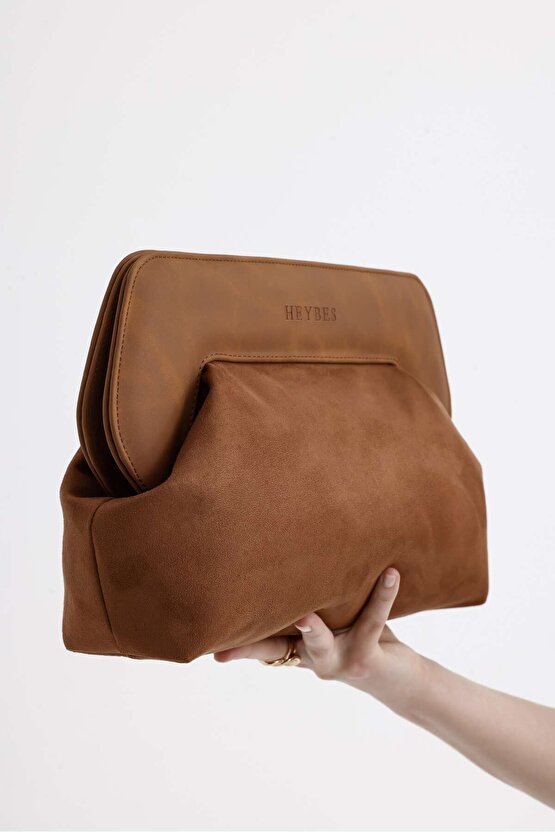 Heybes Kadın Taba Deri Detaylı Süet Clutch El Çantası