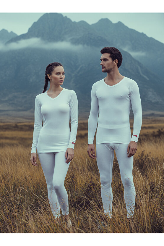 Unisex Termal V Yaka Uzun Kol Tişört 2. Seviye 1257 - Beyaz
