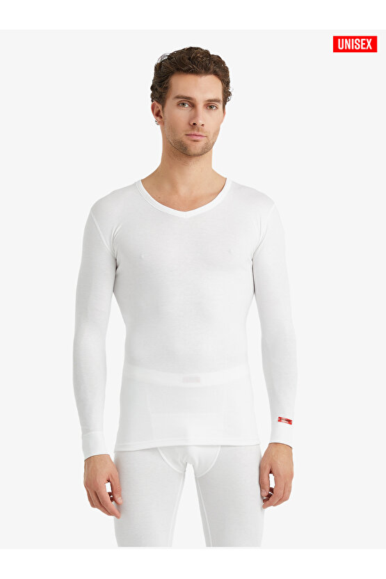 Unisex Termal V Yaka Uzun Kol Tişört 2. Seviye 1257 - Beyaz