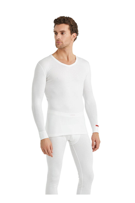 Unisex Termal V Yaka Uzun Kol Tişört 2. Seviye 1257 - Beyaz