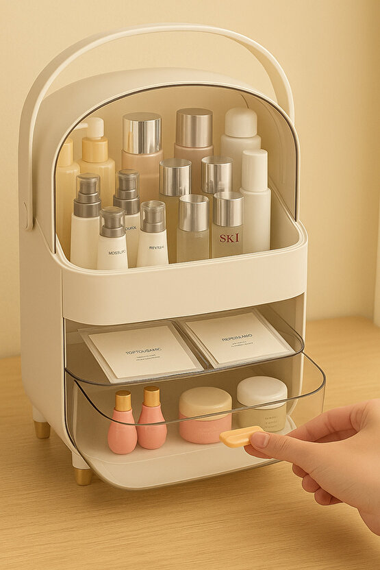 Büyük Kapasiteli Makyaj ve Kozmetik Organizeri Kapaklı, Çekmeceli, Taşınabilir Düzenleyici