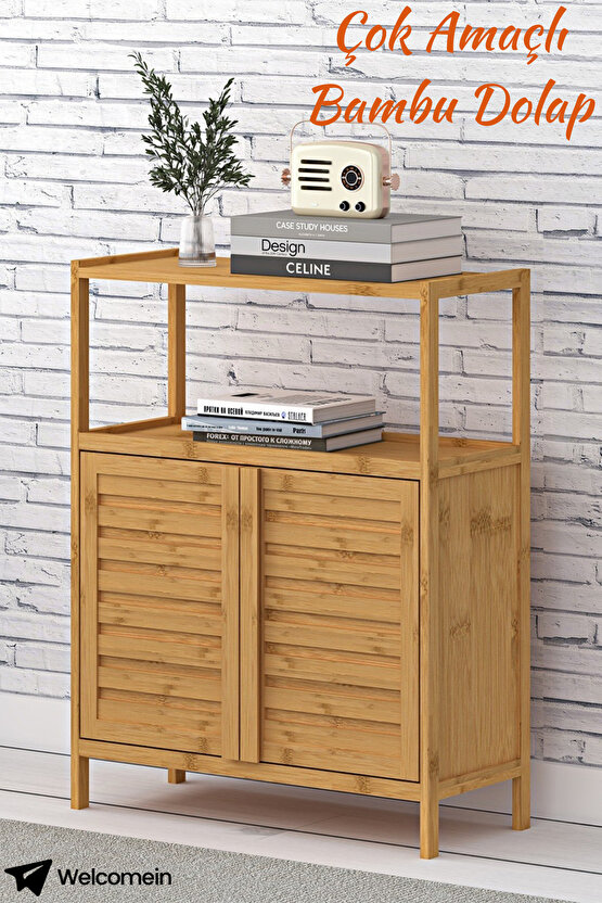 Doğal Bambu Çok Amaçlı Kapaklı Dolap – Raflı Depolama Ünitesi 63,5x27x82 cm